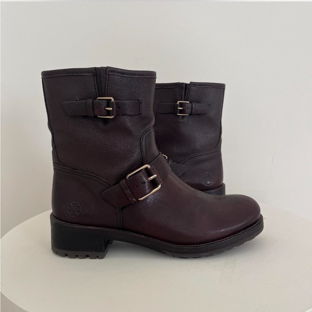 Tory Burch Chrystie brown moto boots